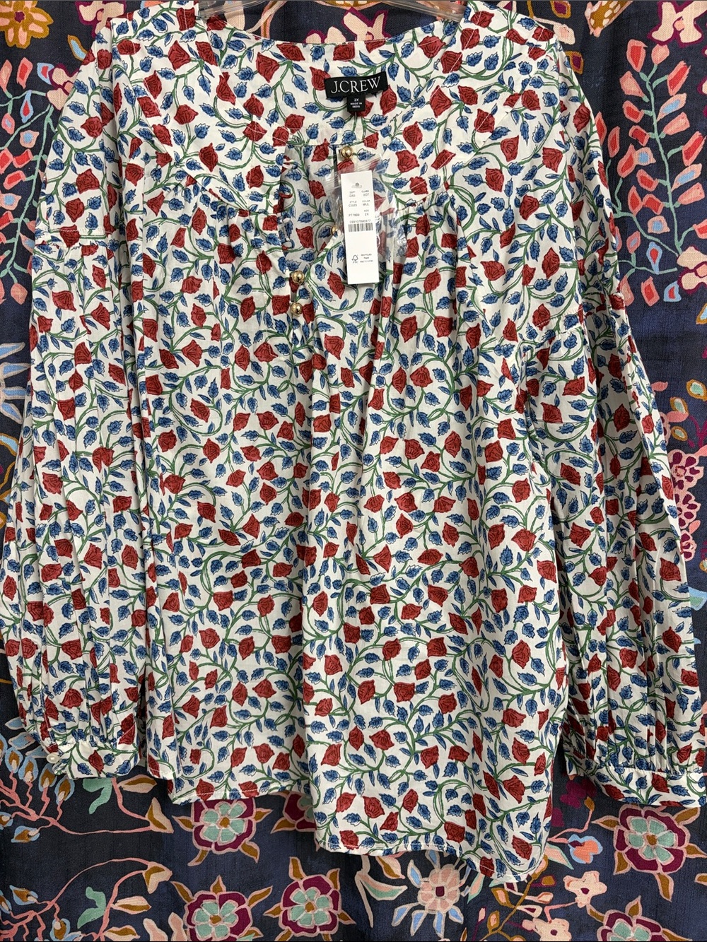 J.Crew White Blouse with Red and Blue Floral Print